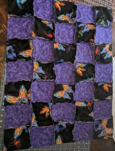 Handmade/reversable butterflies/purple Rag Quilt /Security Blanket/ lap throw