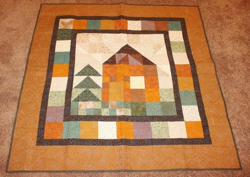 Cabin Wall Quilt Handmade, 54 in X 55 in, Brown, Gold, Green
