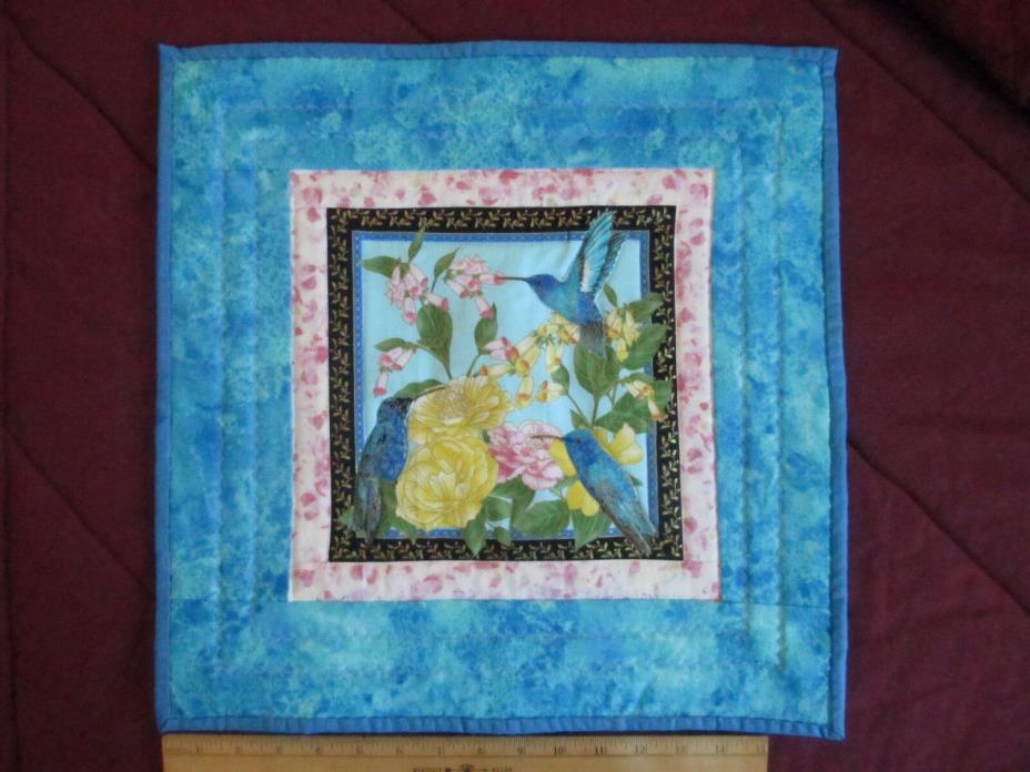 Spring Birds Flowers mini quilt wall hanging blue pink yellow pocket 17x17