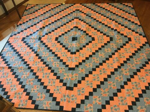 Queen Size Handmade Quilt In Blues And Coral In Around The World  Pattern