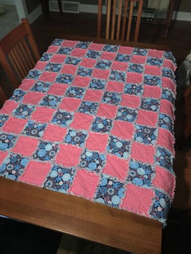 Beautiful pink confetti/blue retro swirl rag quilt Handcrafted 58