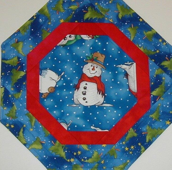 SNOWMAN W/BROWN HAT & PINE TREES #3 QUILTED TABLE TOPPER MINI QUILT 13