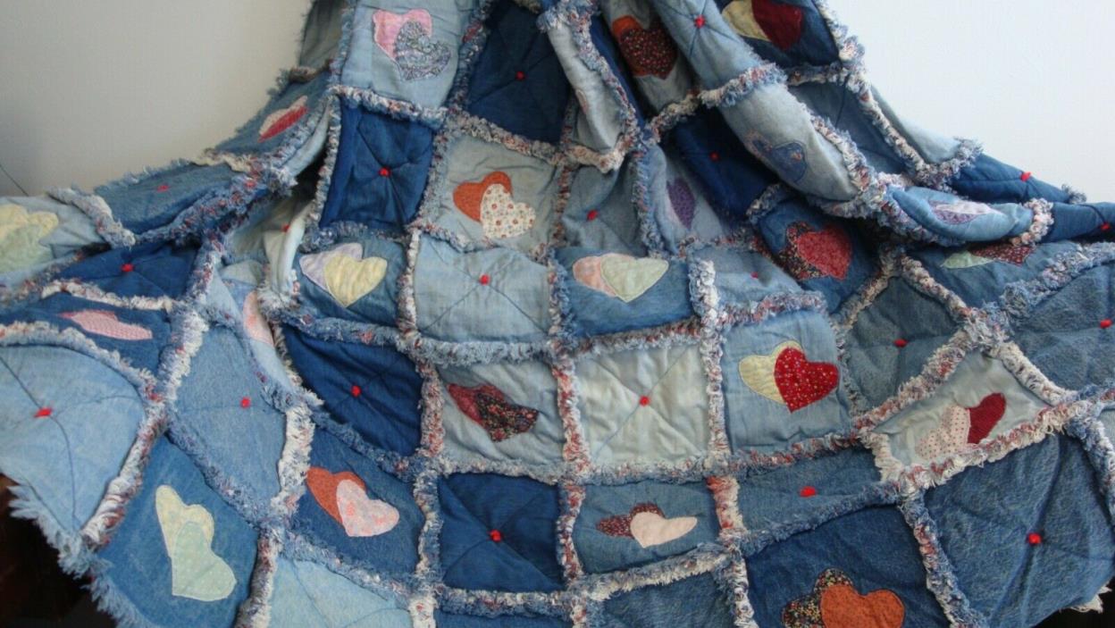 Vintage Denim Flannel Quilt Rag Quilt Handmade Blanket Applique 90