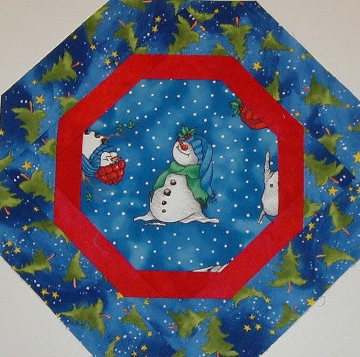 SNOWMAN WITH GREEN SCARF & BLUE HAT #2 QUILTED TABLE TOPPER MINI QUILT - 13
