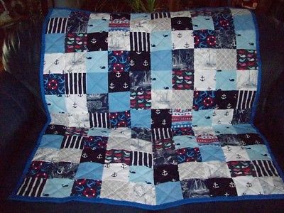 Handmade Baby Boy Crib Quilt, Ships, Anchors, Whales & Maps, 41.5