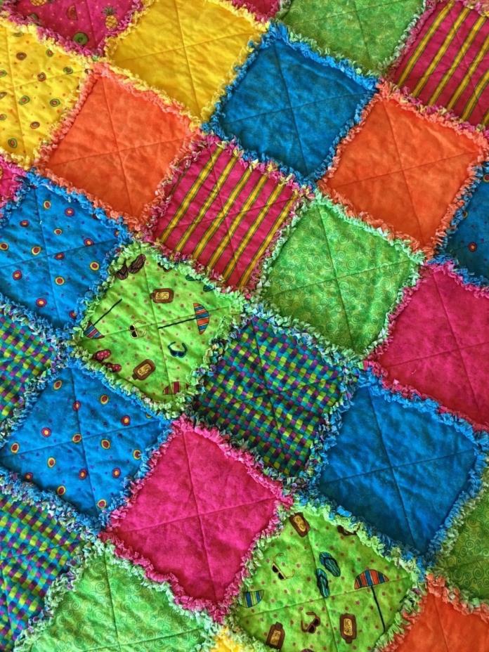 HANDMADE REVERSIBLE FLANNEL RAG QUILT THROW