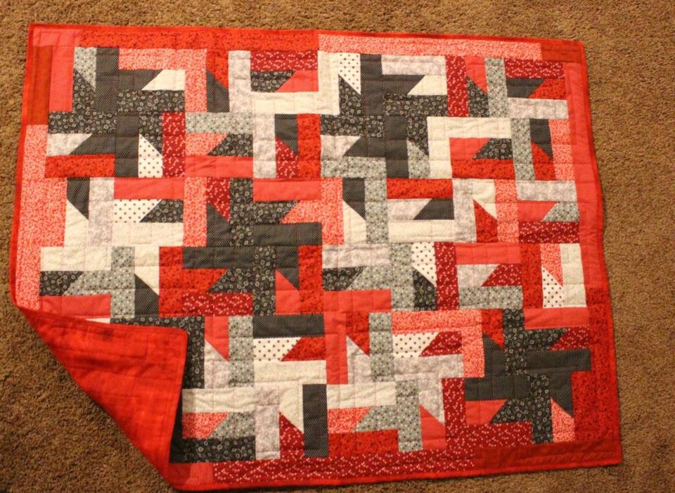 Red/White/Black Windmill Handmade Quilted Lap Quilt, 38 in X 50 in