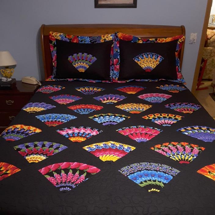 Handmade, queen size, Fan quilt with matching pillow shams.