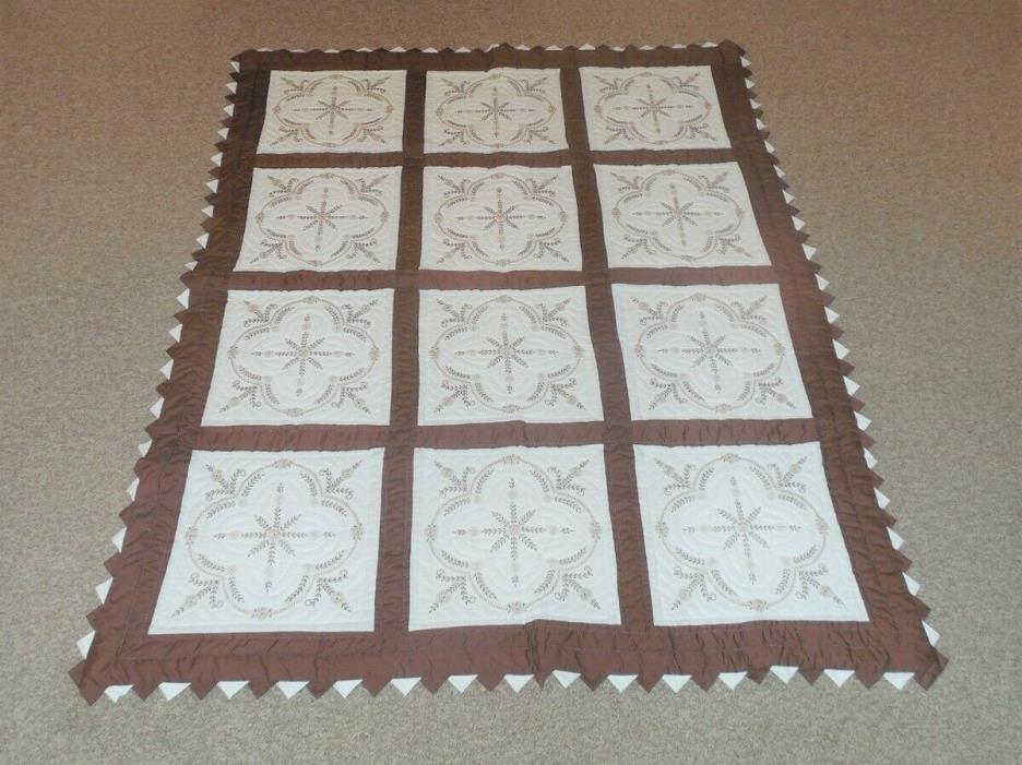 Brown & White Handmade Quilt w/ Detailed Hand Embroidery - Exceptional Nice!