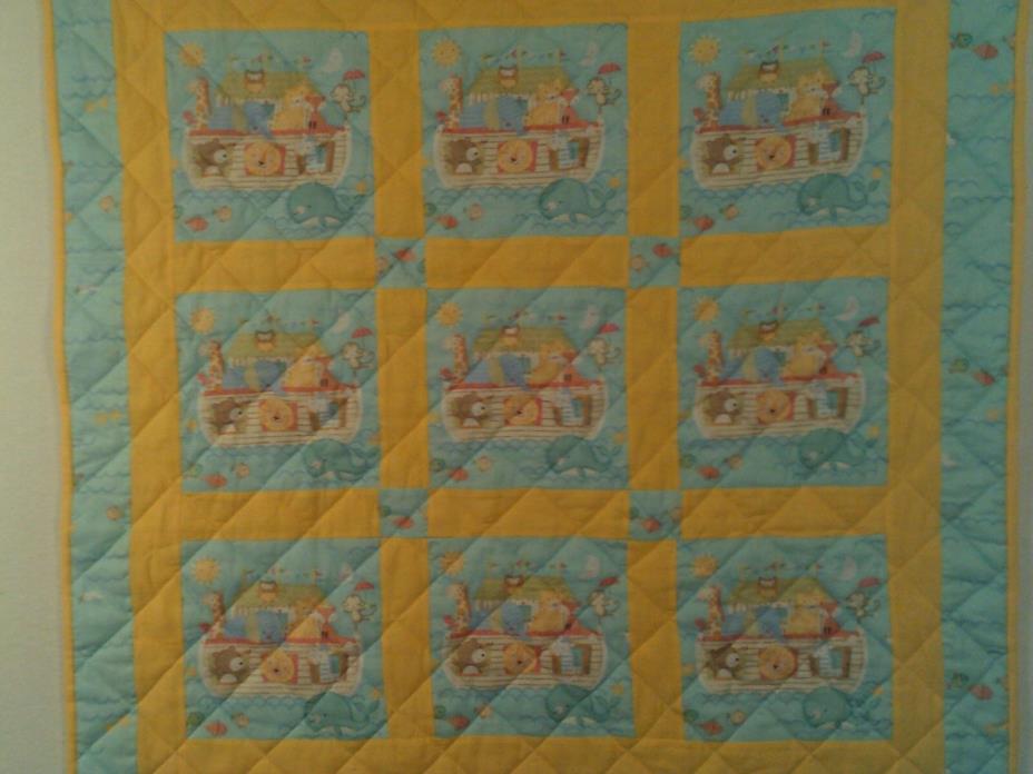 HANDCRAFTED BABY QUILT NORH'S ARK, BABY BLUE WITH YELLOW, FLANNEL BACK,37