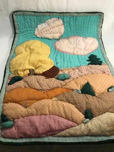 Hand Made Quilted Wall Hanging Table topper garden flag scenic clouds hill 3D