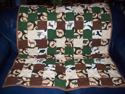Handmade Baby Boy Crib Quilt, Flannel Squares Wild Animals, 40