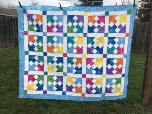 New Bright Colorful Light Blue Handcrafted Baby /Lap / Crib Quilt 47” X 56 “