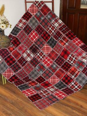 Cozy Cabin Plaid ALL Cotton Flannel XL Rag Quilt Throw Warm Red Gray Black NEW