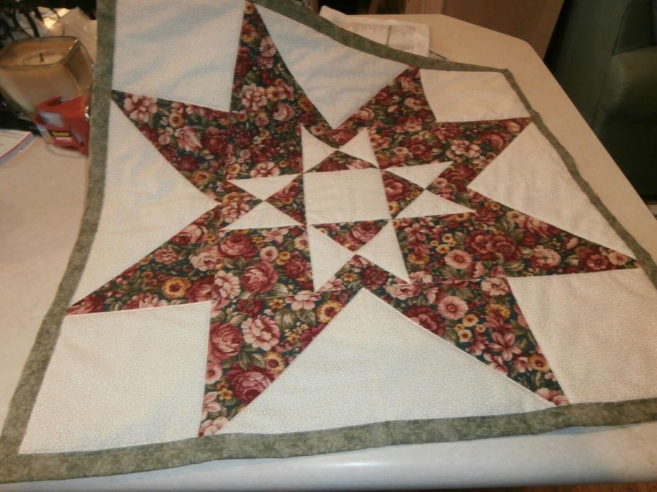 Handmade Star Quilt Wall Hanging Quilted cream olive  flowers White 24x24