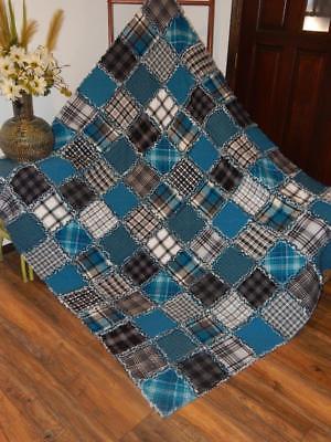 Mariners Plaid Extra Large Rag Quilt throw Soft & Warm All Flannel Blue Gray NEW