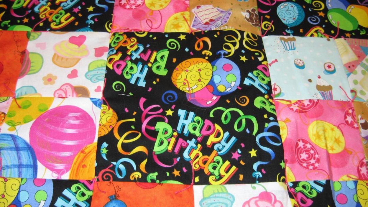 Homemade Happy Birthday Quilt Balloon Backing and Pink Binding 47 in x 42in new