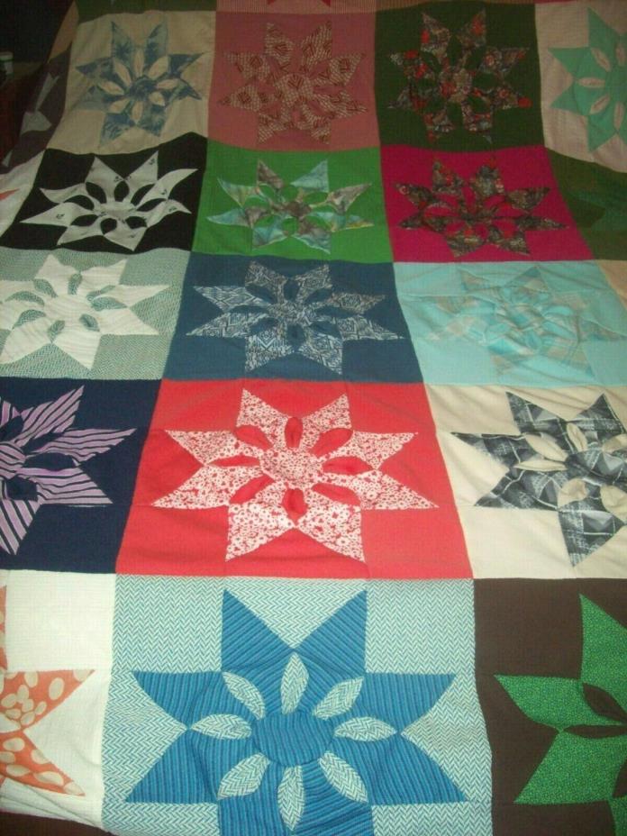 Vintage Quilt Polyester Hand Stitched Poly Knit Patchwork Star Quilt circa 1970s