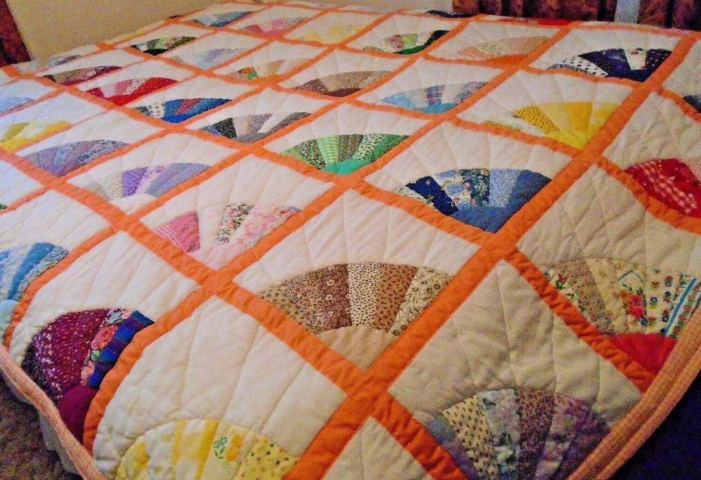 NEW HAND MADE QUILT QUEEN 92X70 -COLORFUL FAN DESIGN OUTSTANDING CONDITION -BEAU