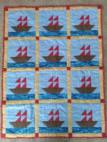 Handmade Baby Quilt ~ 100% Cotton ~ Baby Crib Throw Quilt~ Theme: Ship On Water