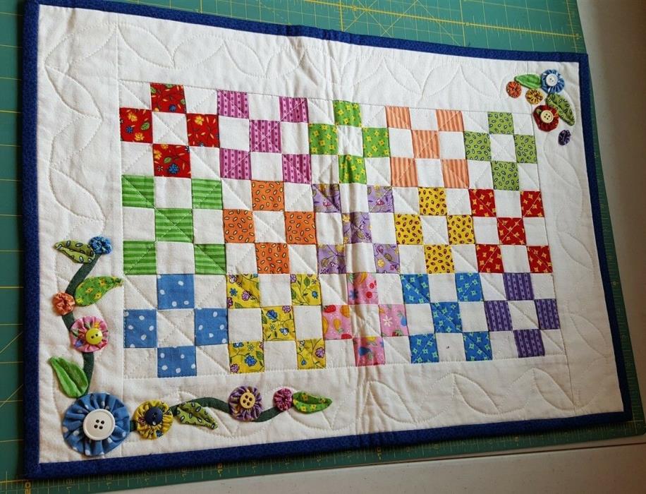 Hand Made Quilt 9 Patch Button Flower Embellishments Wall Hanging Table Topper