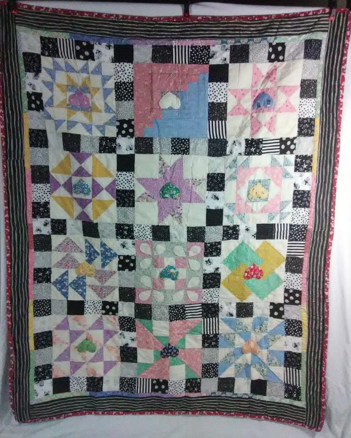 Handmade Quilt With Monopoly Patches Homemade Ducks Flowers Polka Dots 56 x 68