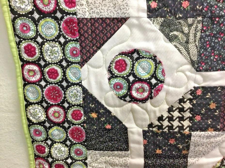 Quilt~Black White Pink Lime Green~58