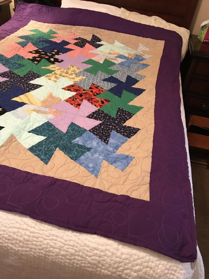 Pinwheel quilt Handmade New Multicolored front Purple back 58