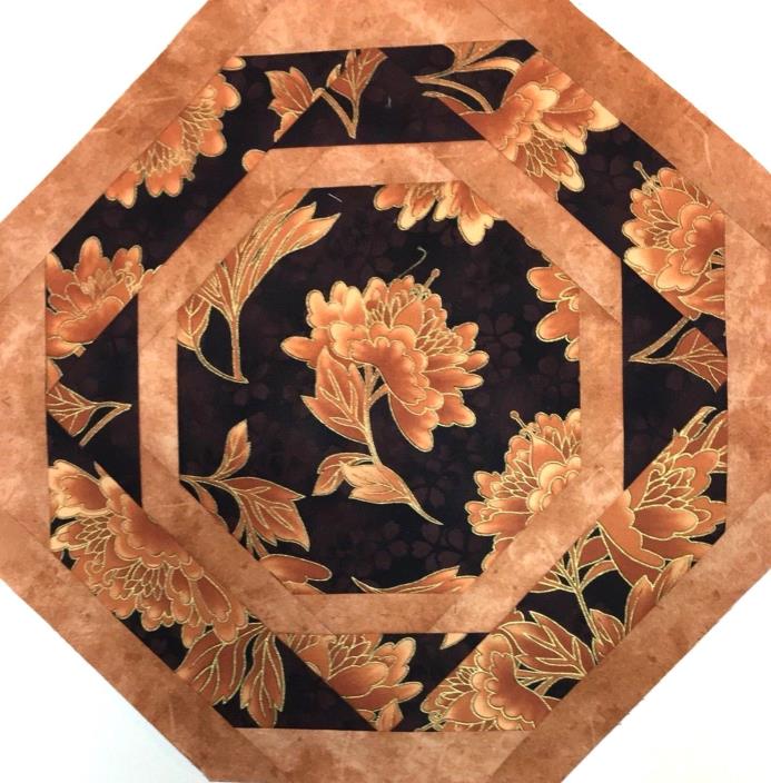 ASIAN KINGYO GOLD TONAL FLORAL ON BLACK #1 QUILTED TABLE TOPPER MINI QUILT - 13