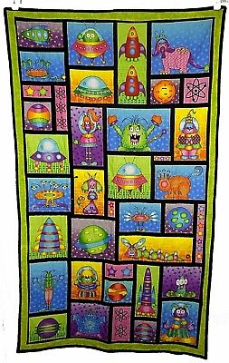 Quilt: baby Blanket wall hanging, Handmade colorful Adorable! Space-aliens 24X49