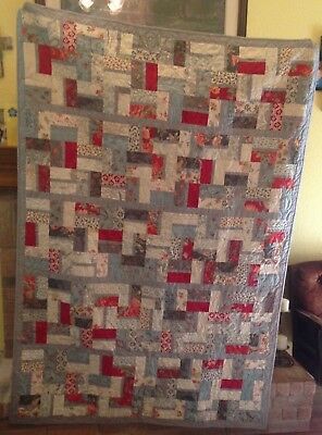 Handmade Yummy - Grey, Red, Aqua  Lap/Throw Quilt 53 X 74