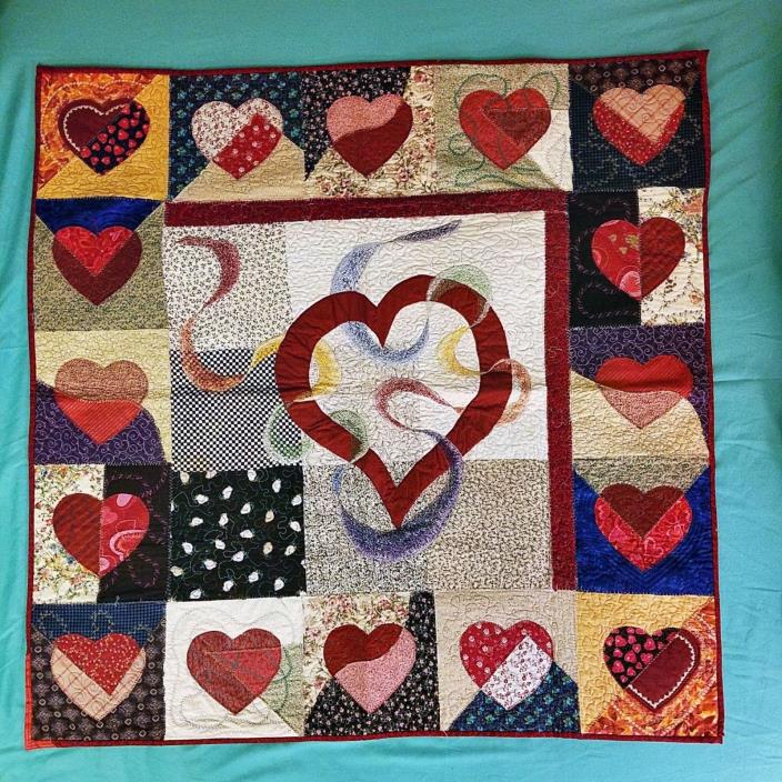 Beautiful Handmade Hearts Love and Roosters Lap Quilt or Baby Blanket, Made 2001