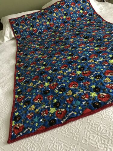 Handmade quilt Angry Birds Blue and red print 39 x 57 red  soft flannel back