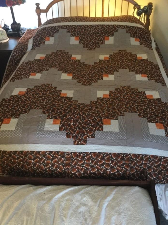 Homemade Quilt, Brown, Gray, Orange, White, Football themed