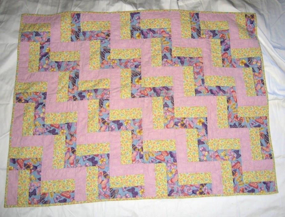 Handmade Quilted Blanket Patchwork Lavender Yellow Butterfly Floral 34