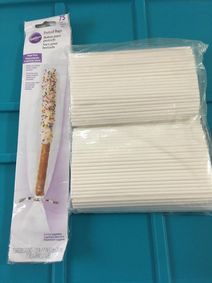 CAKE POP STICKS 100 & 75 Pretzal cellophane covers with ties  NEW NEVER OPENED