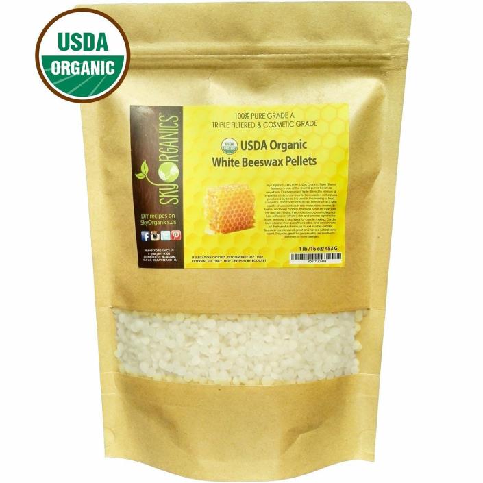 USDA Organic White Beeswax Pellets by Sky Organics 1lb -Superior Quality Pure!!!
