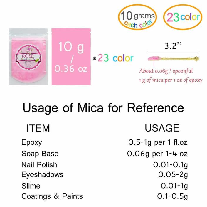 Mica Powder Pure 23 Color Total 230G Epoxy Resin Pigment W Spoon 10G X