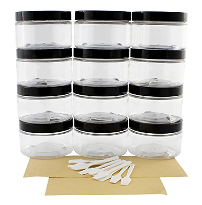 4oz Clear Plastic Jars with Labels & Spatulas & Lids 12-Pack; Straight Sided PET