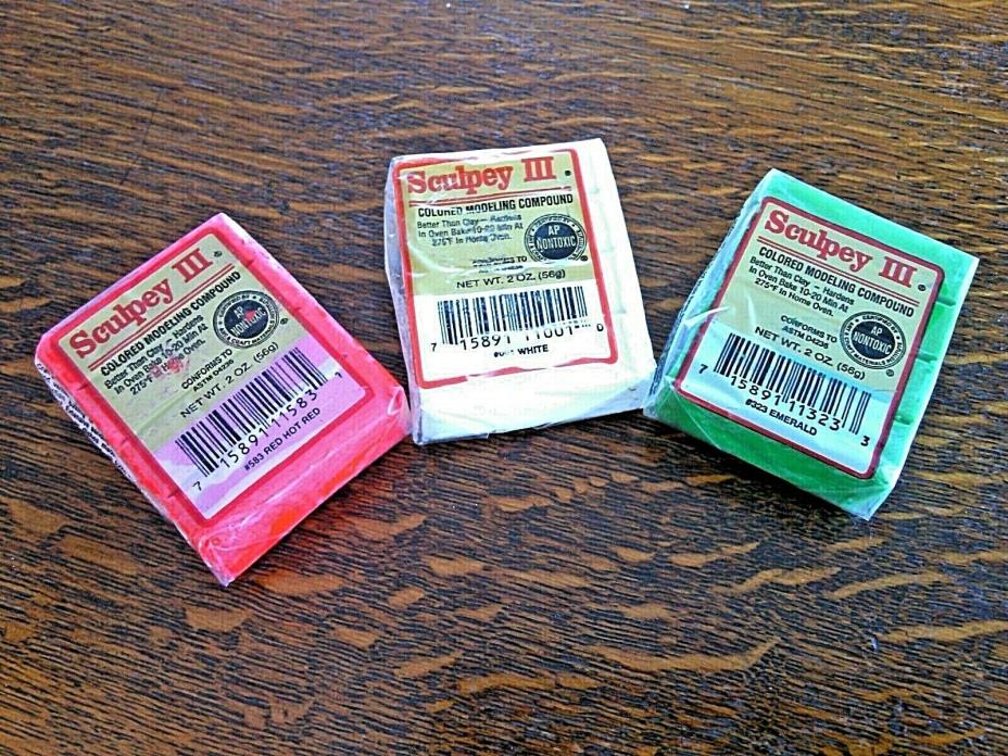 Modeling Compound Colored Sculpey III Clay Nom Toxic 2oz Pack 3 White Red Green