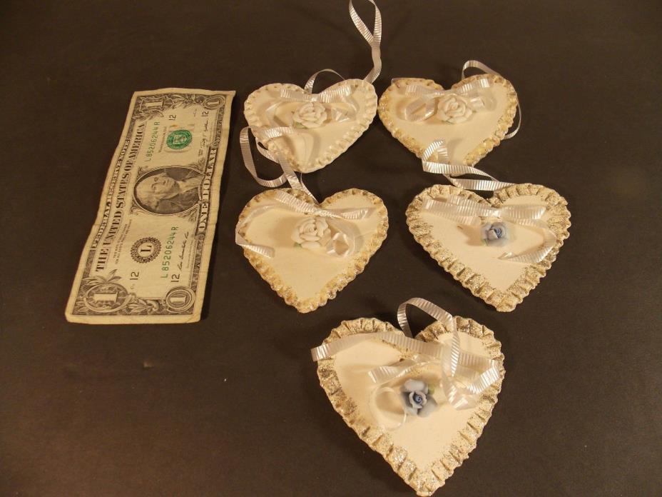 Ceramic Bisque Set of Christmas Ornaments Heart with a Rose Set of 5