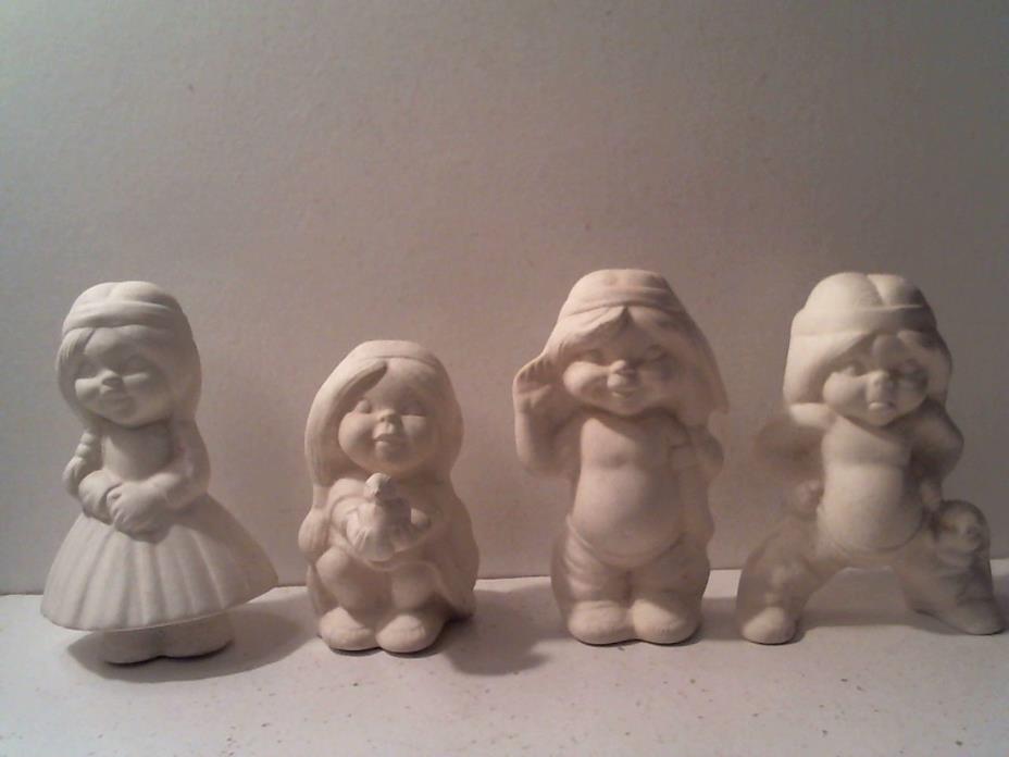 American Indian 2 Maidens & 2 Braves Ceramic Bisque Figurines Unpainted