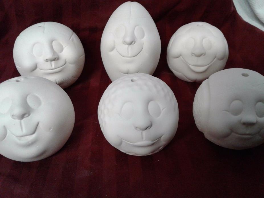 6 Unpainted ceramic bisque ornaments sports balls with faces football soccer bow