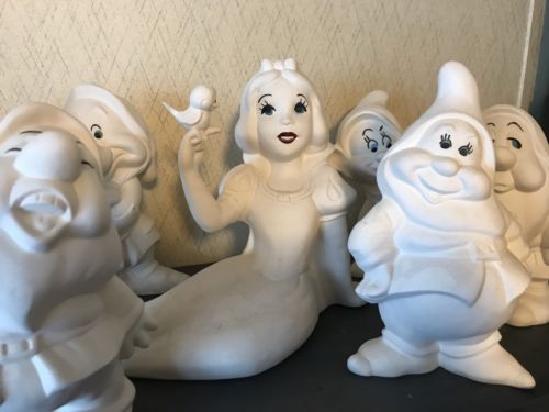Large Ceramic Snow White & 7 Dwarfs Gnomes Unfinished,bisque,Disney production