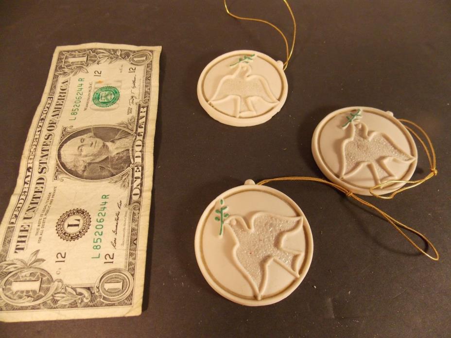 Ceramic Bisque Set of Christmas Ornaments Round Dove Peace Symbols Set  of 3