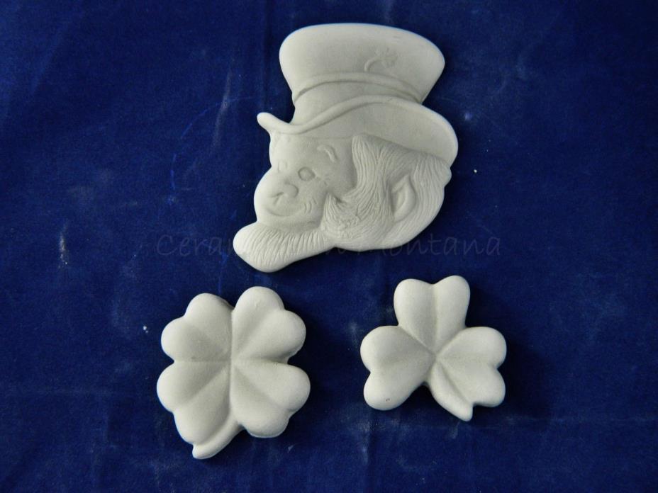Set 3 Shamrocks & Leprechaun Flats Magnets Ready to Paint Ceramic Bisque STP-K01