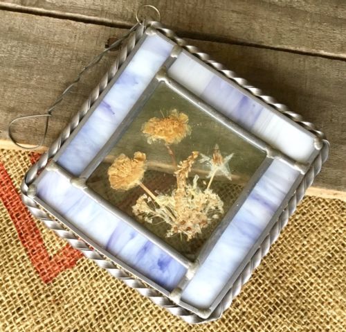 VTG Lead Stained Glass Dried Flower Sun Catcher Hang Purple Handmade Bevel 7