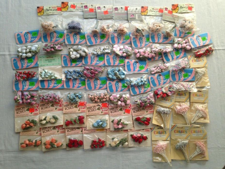 Lot of 52 Pkgs Ribbon Roses & Pearl Centers Offray+ Satin Multiple Sizes Crafts