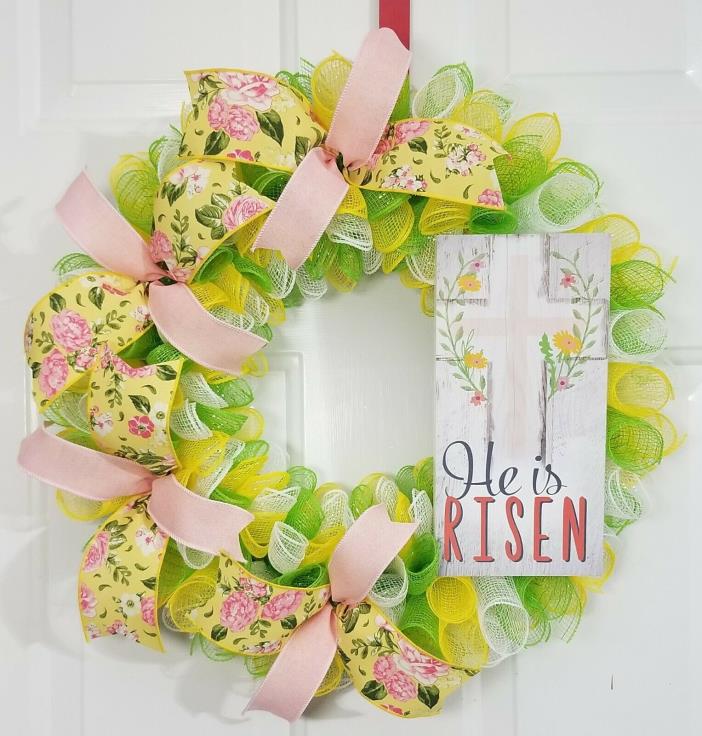 Spiral Spring Holiday Easter Jesus Religious He Is Risen Floral Deco Mesh Wreath