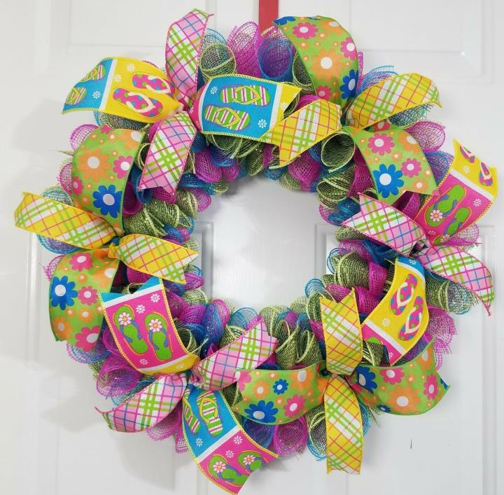 Spiral Pink Blue Spring Summer Theme Flower Flip Flops Ribbon Deco Mesh Wreath